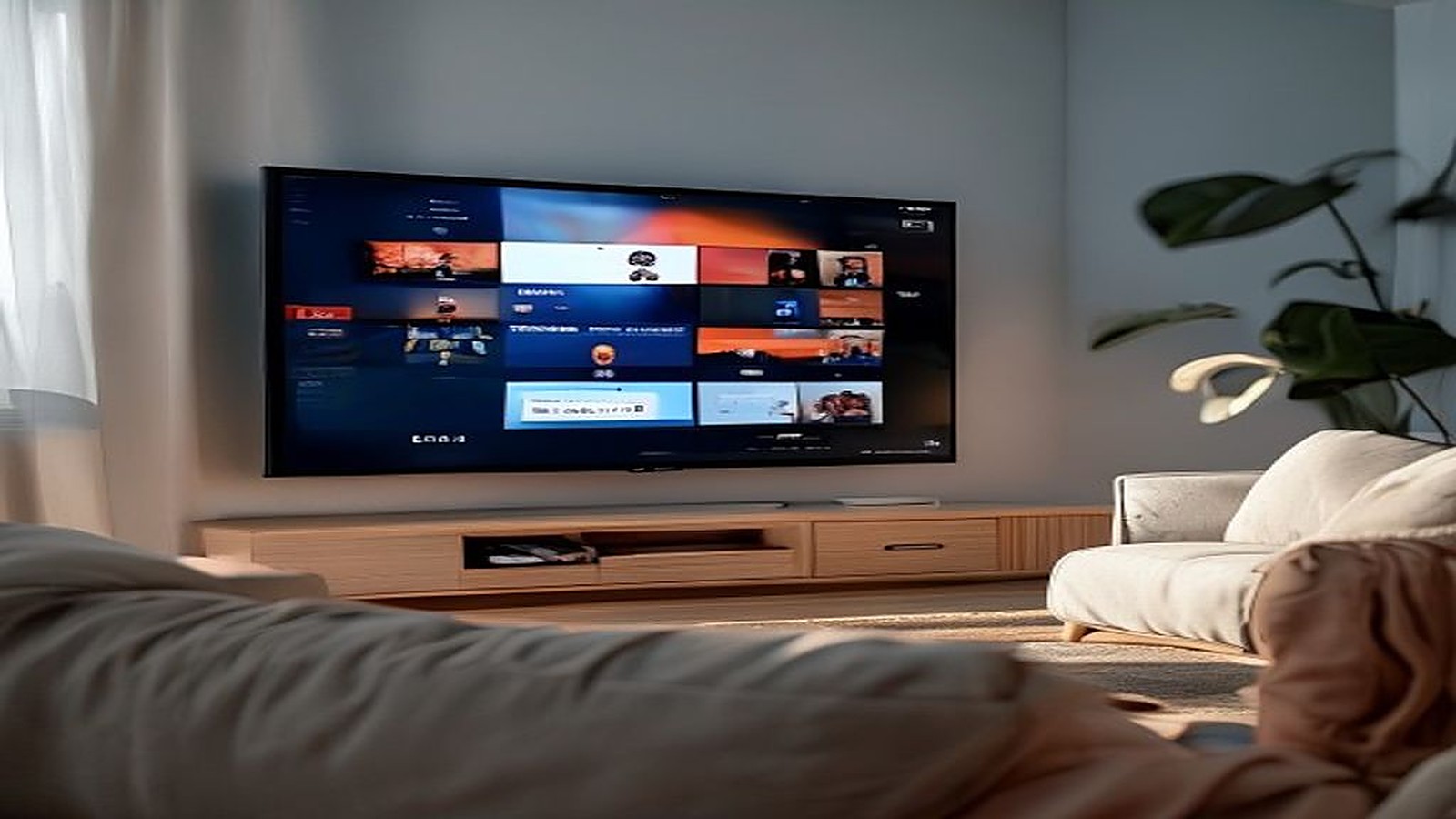 iptv smarters pro appmeny med kanaler, film och sport pa en vaggmonterad smart-tv