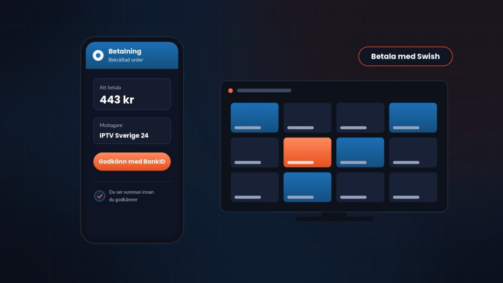 iptv med swish, betalningen godkänns i mobilen bredvid en tv