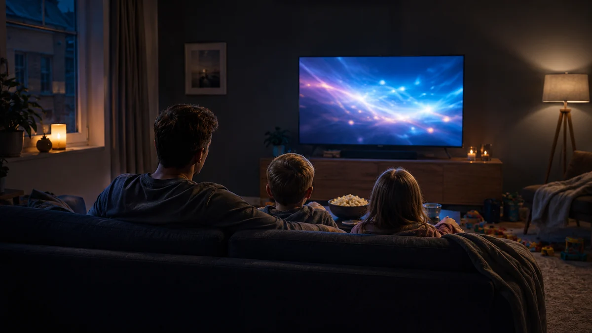 Familj tittar på TV tillsammans i vardagsrummet