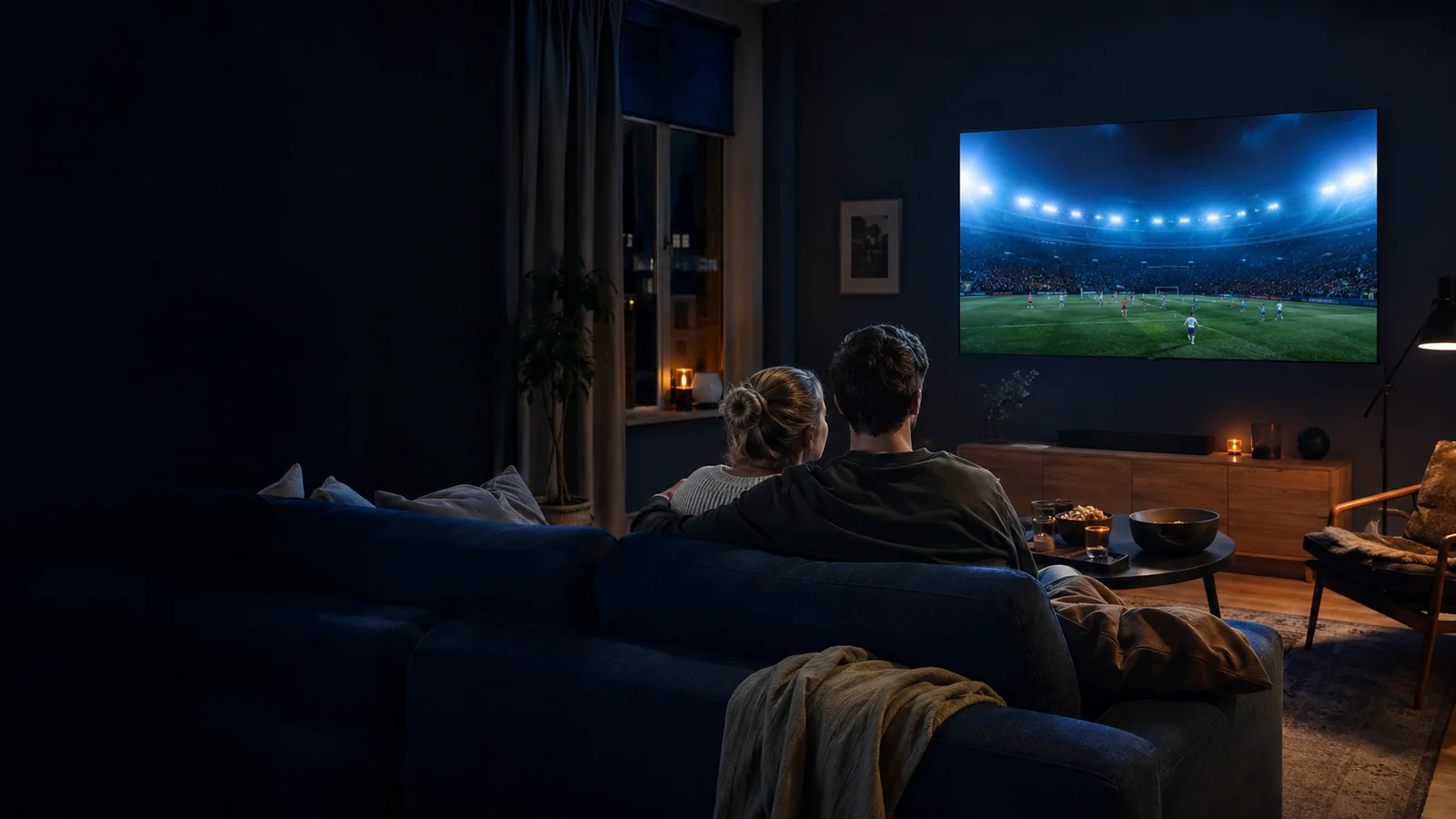 Par tittar på direktsänd fotboll i ett modernt skandinaviskt vardagsrum