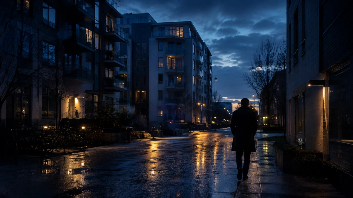 Regnig skandinavisk stadsmiljö i skymningen